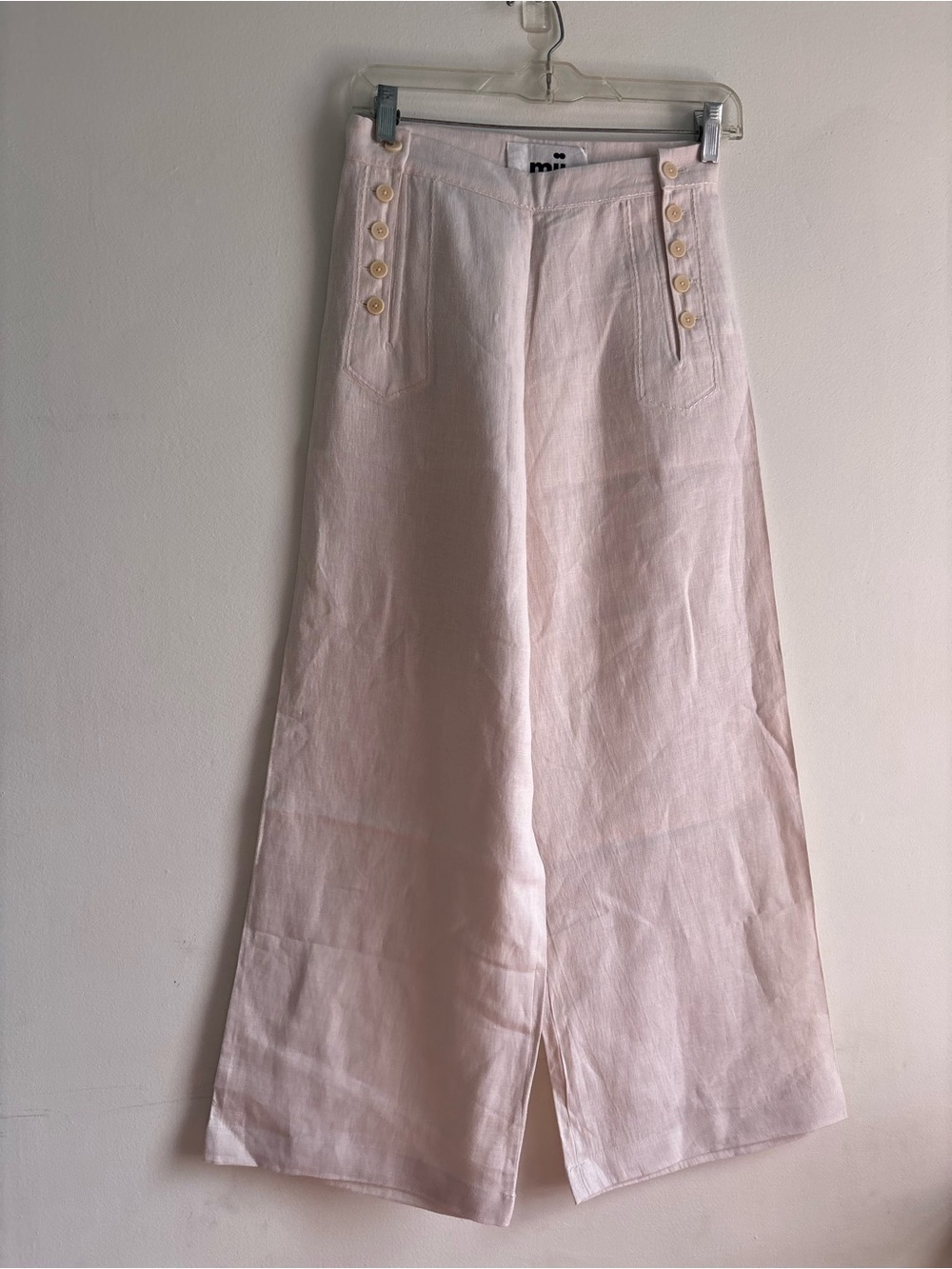 Light Pink Linen Pant with Front Button Trim